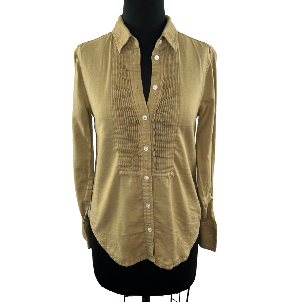 J Crew Tuxedo Plaid Front Pleated Button Down Shirt Blouse Mustard Brown 0 XS